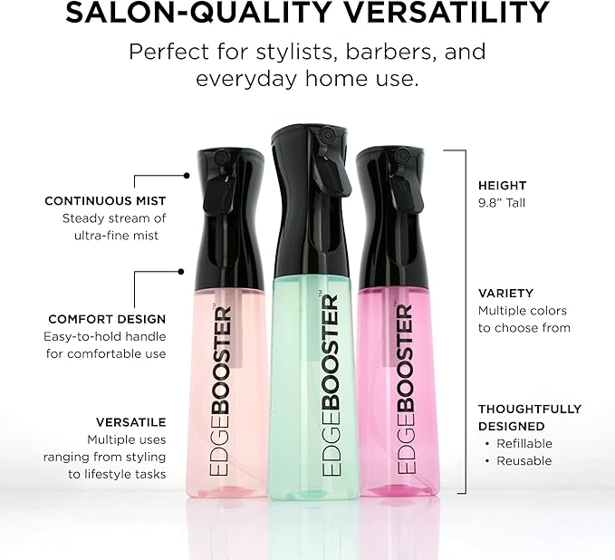 Style Factor Edge Booster Mist Spray Bottle for Hair (10.1oz/300ml) - Continuous Ultra Fine Mist Sprayer – For Hairstyling, Salons, Cleaning, Plants, Essential Oil & More - Purple