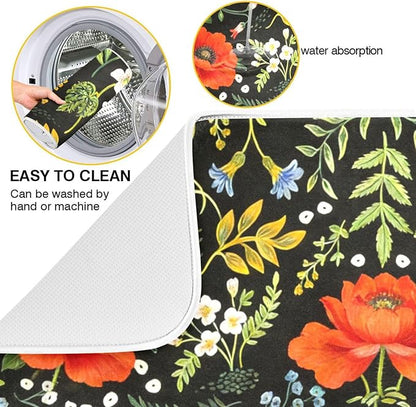 Colorful Floral Large Dish Mat Absorbent Drying Mats for Countertop 18 x 24 Inches Kitchen Dry Mat for Dishes