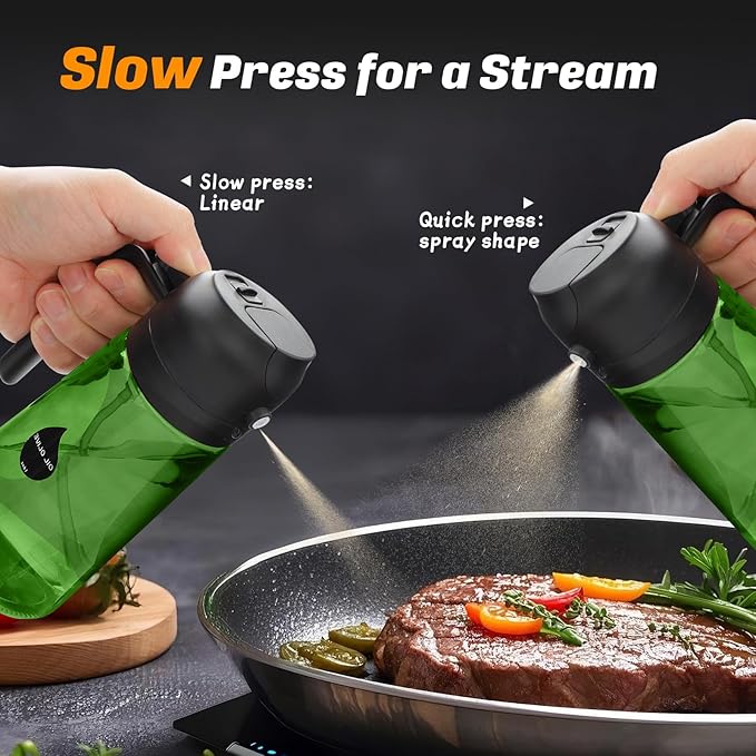 2 in 1 Oil Sprayer for Cooking, Olive Oil Dispenser Bottle for Kitchen Spray and Pour, 16oz/470ml Light-Blocking Dark Green Glass Bottle, Food-Grade Oil Mister for Air Fryer Cream Cap