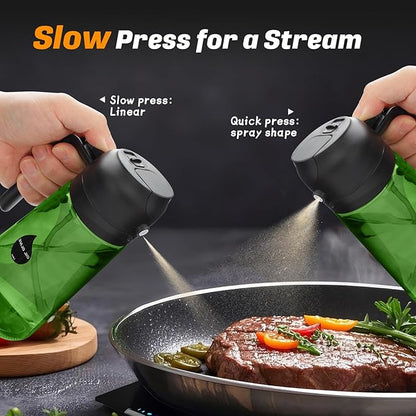 2 in 1 Oil Sprayer for Cooking, Olive Oil Dispenser Bottle for Kitchen Spray and Pour, 16oz/470ml Light-Blocking Dark Green Glass Bottle, Food-Grade Oil Mister for Air Fryer Cream Cap