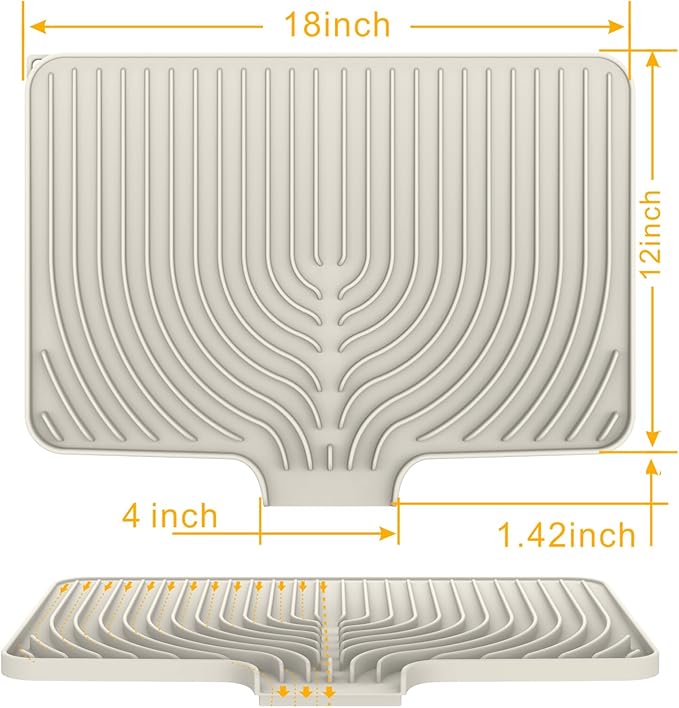 Silicone Drying Mat for Kitchen Counter , Dish Drying Rack Matt with Built in Drain, 18 Inch Dry Mats for Dishes Drying Pad for Kitchen Counter (18×12inch, cream)