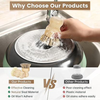 2-Pack Bamboo Dish Brush – Natural Dish Scrub Brush with Sisal & Palm Bristles for Non-Stick Pans, Pots, Vegetables, and Kitchen Cleaning