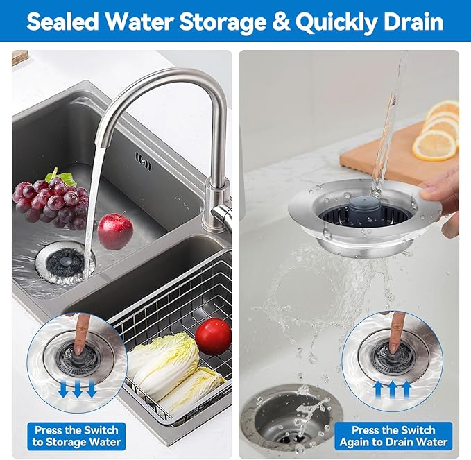 Upgraded 3-in-1 Kitchen Sink Drain Strainer, Stainless Steel Pop Up Kitchen Sink Stopper, Drain Plug for 3.5 Inch Sink Drain Hole, with Anti-Clogging Sink Strainer Basket Filter, Brushed Silver
