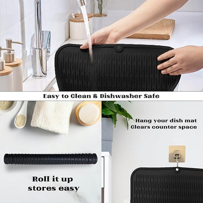 ZLR Large Silicone Dish Drying Mat (16" x 18") - XL Heavy Duty Drainboard Mat for Pots, Pans & Family Loads - Heat Resistant Trivet & Counter Protector, Easy Clean (Black)