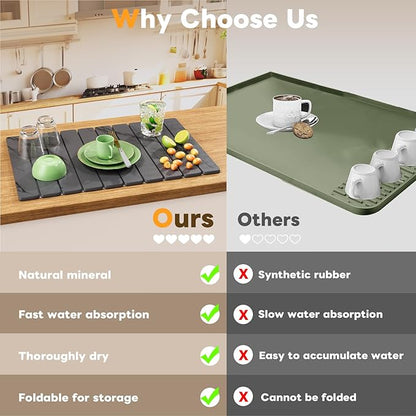 Dayacoco Stone Drying Mat for Kitchen Counter, Large Quick Dry Stone Mat, Collapsible Diatomaceous Earth Mats for Dishes Bottles Cups, Fits Any Countertop,23"×15.3",Gray gold