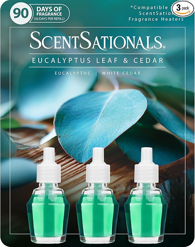 ScentSationals Eucalyptus Leaf & Cedar Fragrance Oil Plug In Air Freshener Refills 3-Pack - Works with Scentsationals Wall Plugs, Long-Lasting Home Fragrance, 0.8 fl oz Each, Packaging May Vary
