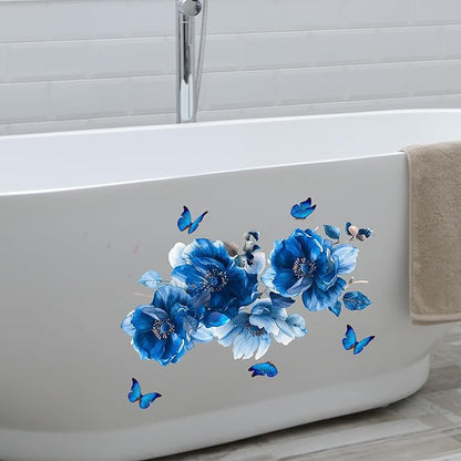 Blue Flower Wall Decals Peel and Stick Peony Floral Wall Sticker Decor Removable Peonies Bouquet Wall Murals with Butterflies for Girls Bedroom Living Room Bathroom Hallway Door Office Kids Nursery