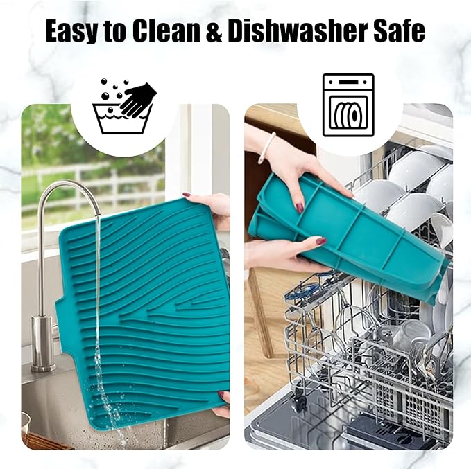 TIKNIK Silicone Dish Drying Mat, Stone Drying Mat for Kitchen Counter with Built-In Drain, Non-Slip Drain Pad with Built-in Drain, Heat Resistant Stone Drying Mat, Hangable, Green-1pcs, 16" x 12"