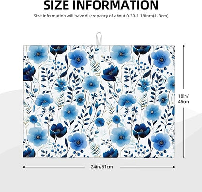 Blue White Floral Watercolor Dish Drying Mats, Absorbent Boho Blue Decorative Kitchen Counter Mat, Polyester, Absorption, Foldable, for Kitchen Dishes Utensils Small Appliances, Home Decor, 18" x 24"