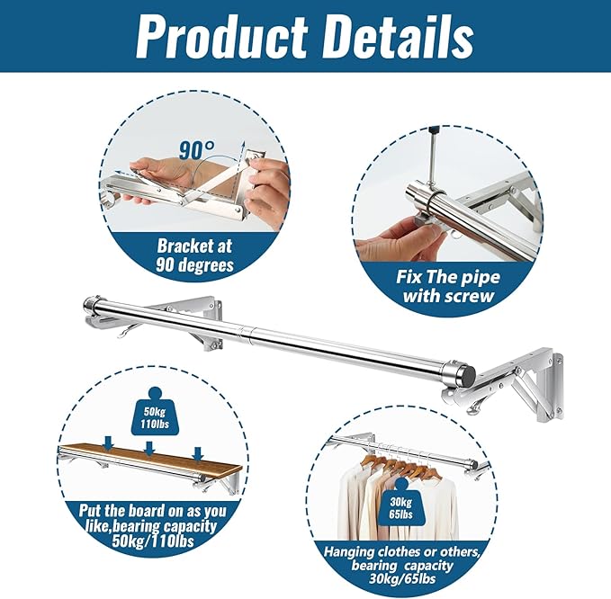 Foldable Wall Mounted Clothes Rack-30'' Long Rod&2 Thick Bases,Stainless Steel,Multi-Purpose for Space-Saving Garment Rack/Clothes Drying Rack/Clothes Hanger,Detachable and Top Shelf Room Reserved