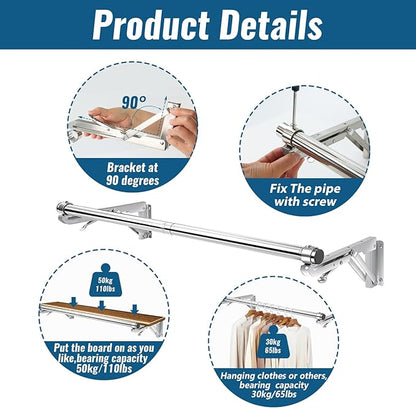 Foldable Wall Mounted Clothes Rack-30'' Long Rod&2 Thick Bases,Stainless Steel,Multi-Purpose for Space-Saving Garment Rack/Clothes Drying Rack/Clothes Hanger,Detachable and Top Shelf Room Reserved