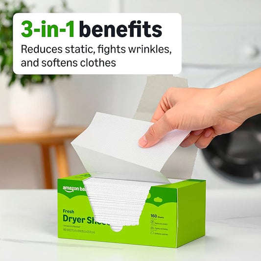 Amazon Basics Dryer Sheets, Fresh, Laundry Fabric Softener, 160 Count