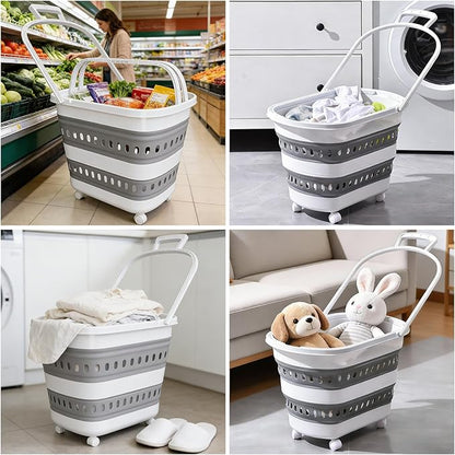 2 Pcs 50L Collapsible Plastic Laundry Basket Hamper with Wheels, Foldable Laundry Basket with Handles, Pop Up Storage Container Organizer for Washing Storage