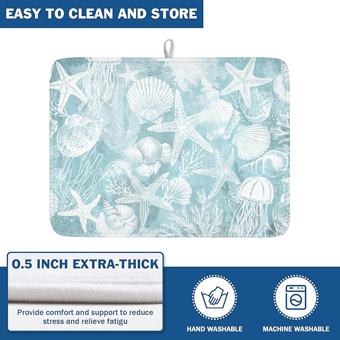 Summer Sea Shell Drying Mat 24x18 Inch, Teal Starfish Drying Mat with Absorbent Reversible Microfiber, Coastal Dish Drainer Mats Holiday Ocean Rack Pad for Coffee Countertop Kitchen Protector
