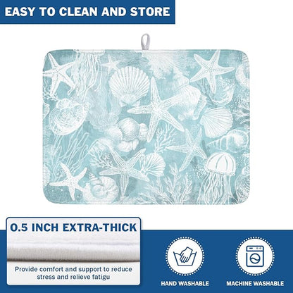 Summer Sea Shell Drying Mat 24x18 Inch, Teal Starfish Drying Mat with Absorbent Reversible Microfiber, Coastal Dish Drainer Mats Holiday Ocean Rack Pad for Coffee Countertop Kitchen Protector