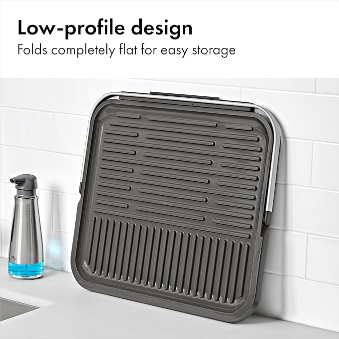 OXO Good Grips Compact Drying Rack with Dish Rest, Aluminum Folding Dish Drying Rack for Glassware and Cookware, Drain Board with Non-Slip Feet for Countertop or Kitchen Sink
