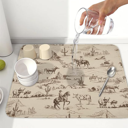 Cowboy Dish Drying Mat 18x16 Inch, West Drying Mat with Absorbent Reversible Microfiber, Cactus Dish Drainer Mats Summer Western Rack Pad for Coffee Countertop Kitchen Protector