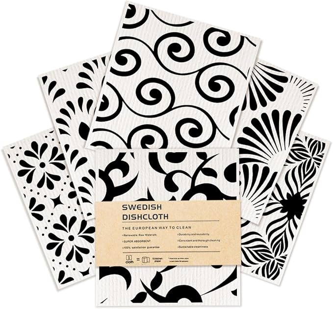 Swedish Dishcloths for Kitchen, 6 Pack Geometric Towels, Washable Absorbent Cellulose Sponge Cloths No Odor, Eco-Friendly Dish Cloths for Washing Dishes, Kitchen Gifts for Women, Home Kitchen Cleaning