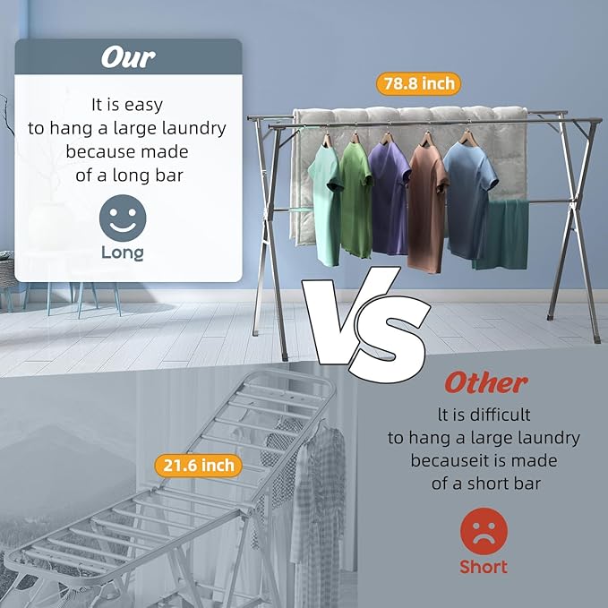 Clothes Drying Rack,Heavy Duty Stainless Steel Garment Rack,Adjustable and Foldable Laundry Drying Rack for Indoor Outdoor Drying Rack Clothing with 20 Windproof Hooks (Silver, 95")