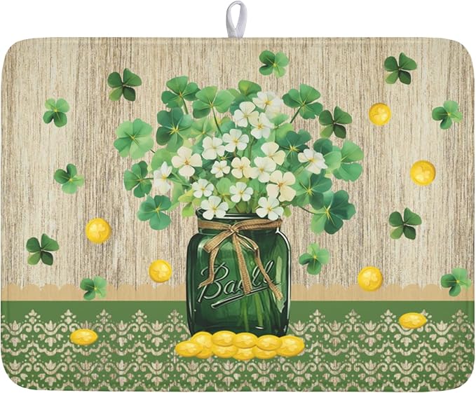 St Patricks Day Dish Drying Mat for Kitchen Counter Spring Holiday Green Lucky Shamrock Vase Drying Mat 18x24 Inch Absorbent Dish Drainer Mat Kitchen Accessories