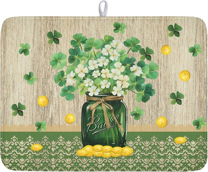 St Patricks Day Dish Drying Mat for Kitchen Counter Spring Holiday Green Lucky Shamrock Vase Drying Mat 18x24 Inch Absorbent Dish Drainer Mat Kitchen Accessories