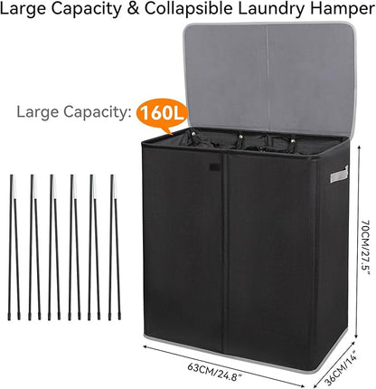 WOWLIVE Laundry Hamper with Lid,160L Large Laundry Basket 3 Section with Removable Washing Bags,Collapsible Waterproof Dirty Clothes Hamper for Laundry Room Bathroom Dorm,Black