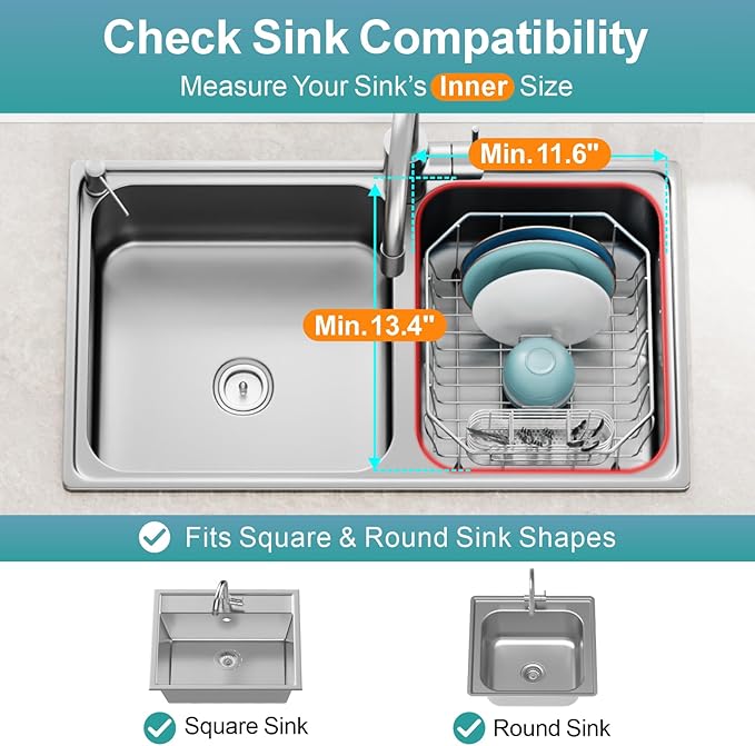 GSlife Small in Sink Dish Drying Rack - Stainless Steel Compact Dish Drainer for RV Kitchen Apartment Sink, Rust Resistant Inside Sink Rack, 1–2 Person Households, 11.6" W x 13.4" L