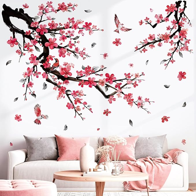 wondever Watercolor Plum Flower Tree Branch Wall Stickers Red Cherry Blossom Floral Birds Peel and Stick Wall Art Decals for Bedroom Living Room Sofa