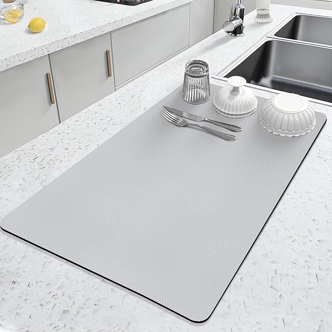 LOPNUR Kitchen Dish Drying Mat, 24"x16" Dish Drying Mats for Kitchen Counter, Diatomite Coffee Mat, Super Absorbent Dish Drying Pad, Heat Resistant Mat with Anti-slip Rubber Backed, Light Grey