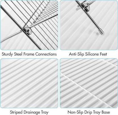 Youeon Foldable Dish Drying Rack with Drip Tray, Stainless Steel 2 Tier Dish Drainer Rack, Collapsible Dish Drainer, Folding Dish Rack for Kitchen Sink, Countertop, Cutlery, Plates, Dishes