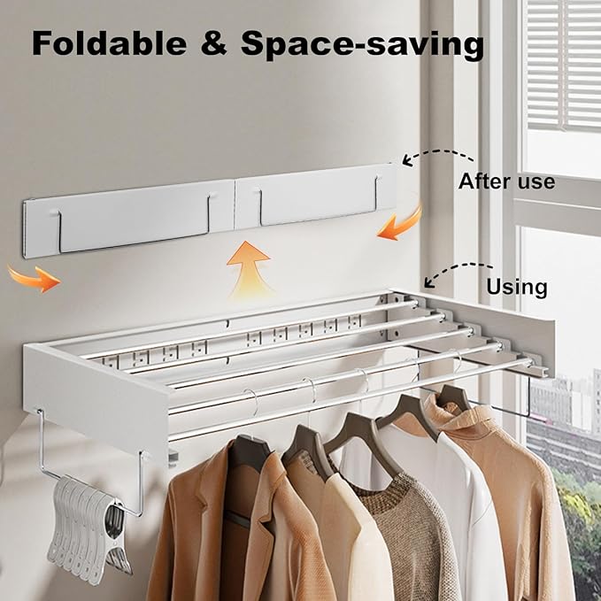 Wall Mounted Drying Rack, Clothes Drying Rack Foldable, 31.5" Laundry Racks for Drying Clothes Collapsible Drying Racks for Laundry with 2 Towel Handles and Wall Template for Indoor Outdoor
