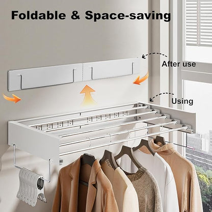 Wall Mounted Drying Rack, Clothes Drying Rack Foldable, 31.5" Laundry Racks for Drying Clothes Collapsible Drying Racks for Laundry with 2 Towel Handles and Wall Template for Indoor Outdoor