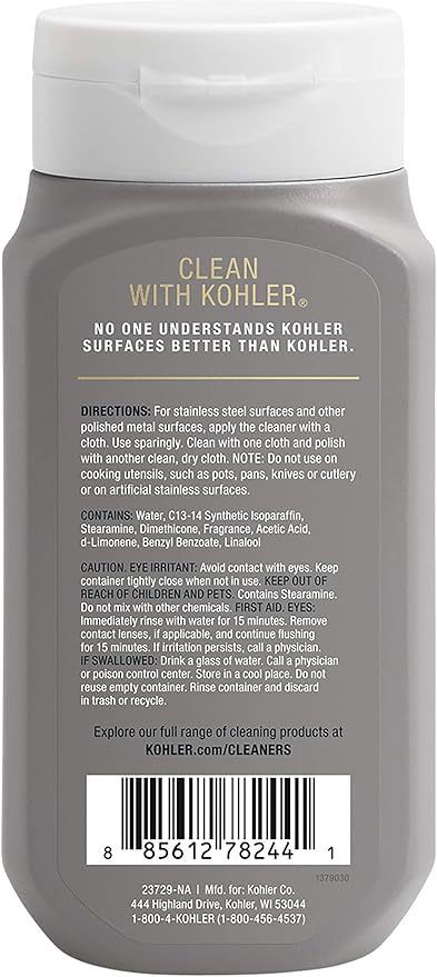 KOHLER K-23729-NA Stainless Steel Cleaner, Kitchen & Bathroom Cleaner, Polish & Protect Sinks & Other Surfaces, 8 FL Oz