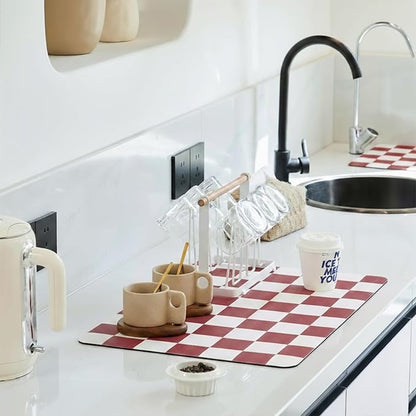 Ohocut Checkered Dish Drying Mat for Kitchen Counter, Coffee Bar Station Accessories, Retro Cute Aesthetic Modern Absorbent Drainer Mat Kitchen Drying Mat Easy Clean (Red, 24" x 16")