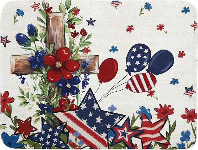 Star Floral Patriotic 4th of July Dish Drying Pad 18 x 24 Inch With Absorbent Reversible Microfiber Memorial Day Drying Mats Dish Drainer Mat Fast Dry For Kitchen Dining Room Decoration