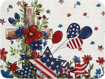 Star Floral Patriotic 4th of July Dish Drying Pad 18 x 24 Inch With Absorbent Reversible Microfiber Memorial Day Drying Mats Dish Drainer Mat Fast Dry For Kitchen Dining Room Decoration