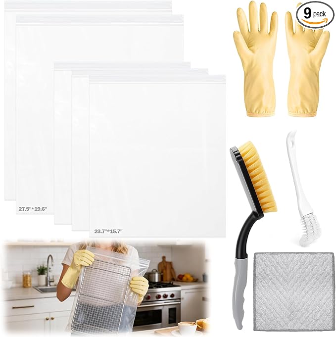XANGNIER 9 Pack Oven Rack Cleaning Bags Kit with Brush,No Cleaner Included,Simple to Use,No Messy Hands Reusable Leakproof Soaking Cleaner Bags for Removable Metal Rack,BBQ Grills,Grill Grate