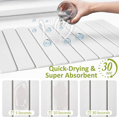 Large Stone Dish Drying Mat for Kitchen Counter, 24"(L)×16"(W), Collapsible Quick Dry Stone Dish Mats, Super Absorbent Diatomaceous Earth Drying Pad for Dishes Bottles Cups, Any Countertop (White)
