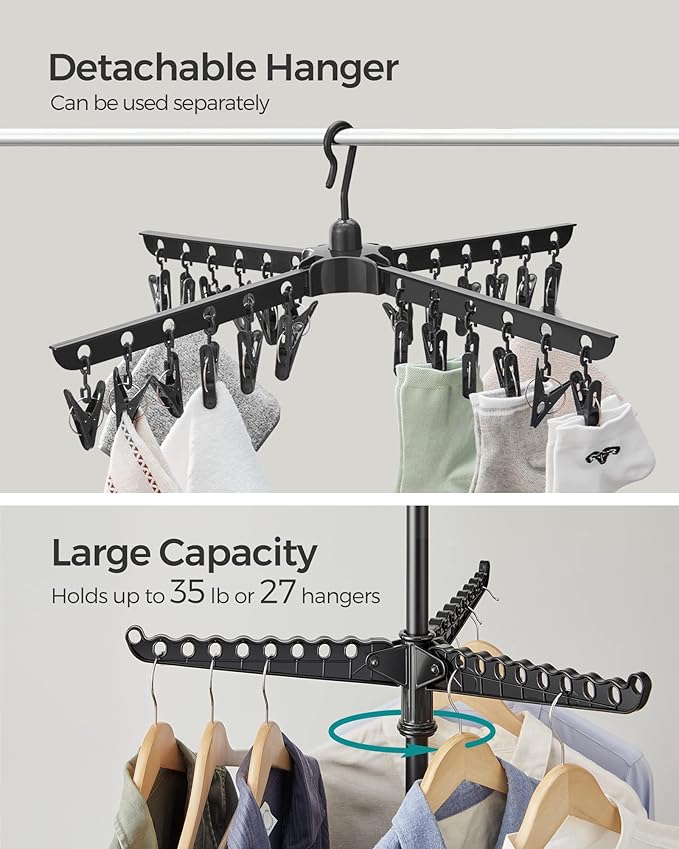 SONGMICS 2-Tier Clothes Drying Rack, 72-Inch Folding Laundry Drying Rack with 3 Rotatable Arms for Hangers, 24 Clips, Stainless Steel, for 27 Pieces of Clothes, Black ULLR512B01