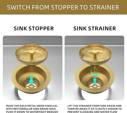 Kitchen Sink Drain Gold Sink Drain Strainer with Fixed Post 3-1/2 Inch Kitchen Drain Assembly with Strainer Basket and Drain Stopper for Standard Kitchen Sink Stainless Steel Brushed Gold