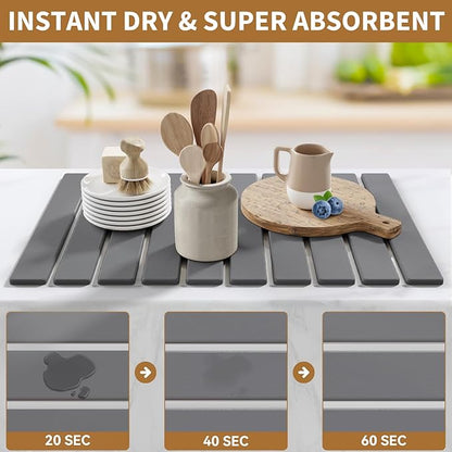 Stone Dish Drying Mats for Kitchen Counter,23.6''x15.3'' Foldable Quick Dry Stone Mat Kitchen,Eco-Friendly,Absorbent Diatomaceous Earth Mats for Dishes Bottles Cups Bathroom Any Countertop-Dark Gray