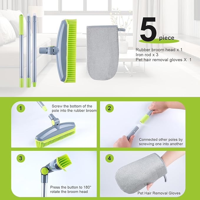 180°Rotating Head Rubber Broom with Squeegee for Pet Hair Removal - 51" Iron Handle Fur Remover Rake Brush for Carpet, Hardwood & Tile Floors, Includes Pet Hair Removal Gloves (Green)