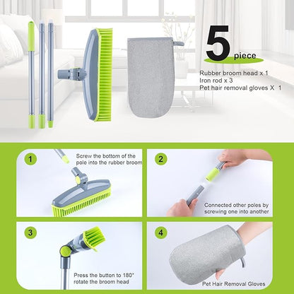 180°Rotating Head Rubber Broom with Squeegee for Pet Hair Removal - 51" Iron Handle Fur Remover Rake Brush for Carpet, Hardwood & Tile Floors, Includes Pet Hair Removal Gloves (Green)