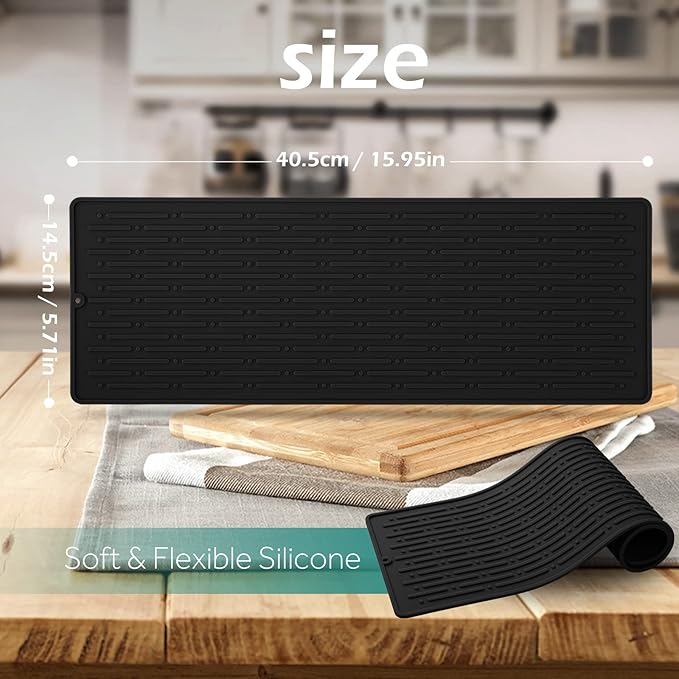 GeeRic Dish Drying Mats, Heat-resistant Silicone Mat for Kitchen Counter, Non-Slip Dish Dry Mat Dishwasher Safe Large, Black