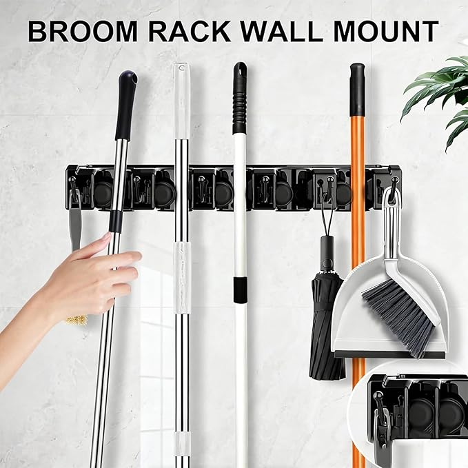 Broom Holder Wall Mount, Heavy Duty Mop Holder Wall Mount with Hooks & Slots, Garage Storage Wall Hanger for Shovel, Rake, Kitchen, Laundry & Shed