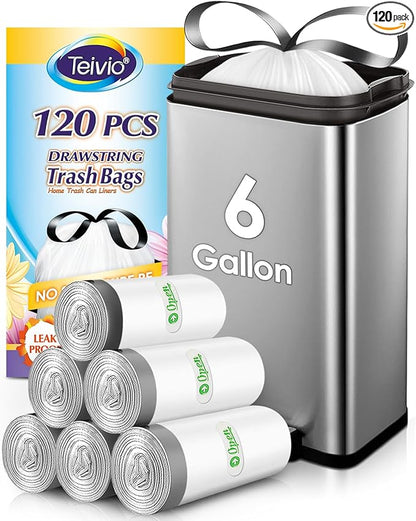 6 Gallon Small 120 Counts Strong Drawstring Trash Bags Garbage Bags by Teivio, Bathroom Trash Can Bin Liners, Plastic Bags for home office kitchen, White