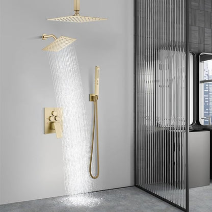 Aolemi Shower Faucet Set Ceiling Mount Shower System Rough-in Valve and Shower Trim Kit 2 in 1 Handheld Spray Push Button Diverter 10 and 6 Inch Dual Shower Head Brushed Gold