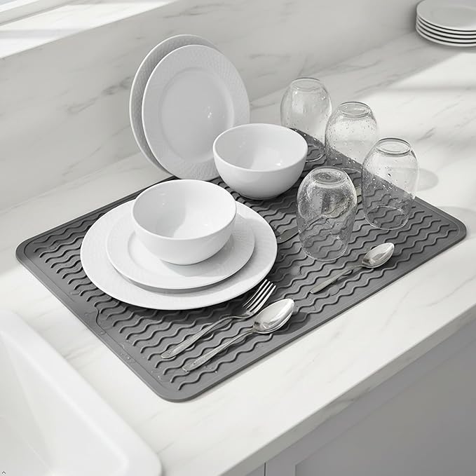 Silicone Drying Mat 16 × 12 – Dark Gray Non-Slip Sink Mat for Kitchen Counter, Heat-Resistant Food-Grade Dish Pad, Easy-Clean Multipurpose Drawer Liner (Dark Gray, 16'' x 12'')