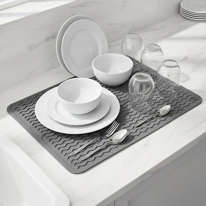Silicone Drying Mat 16 × 12 – Dark Gray Non-Slip Sink Mat for Kitchen Counter, Heat-Resistant Food-Grade Dish Pad, Easy-Clean Multipurpose Drawer Liner (Dark Gray, 16'' x 12'')