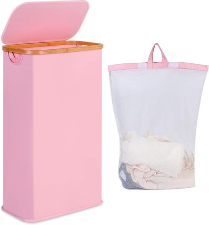 65L Slim Laundry Hamper, Narrow Laundry Basket with Lid,Foldable Clothes Hamper with Bamboo Handles,Hamper Basket with Removable Inner Bag for Laundry Room Bedroom College Dorm,17.17 Gals Pink